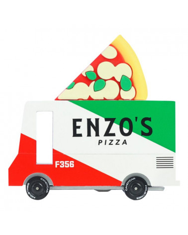 Véhicule en bois Pizza Van Green-White-Red - Candylab