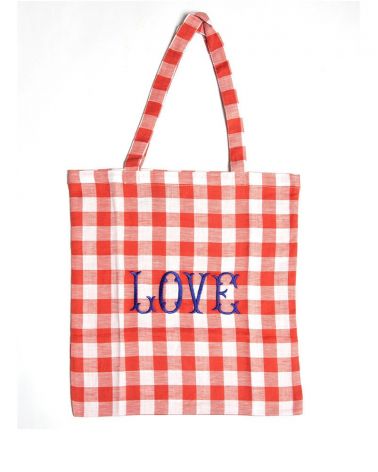 Tote bag à carreaux en coton et lin LOVE - Bitossi Home